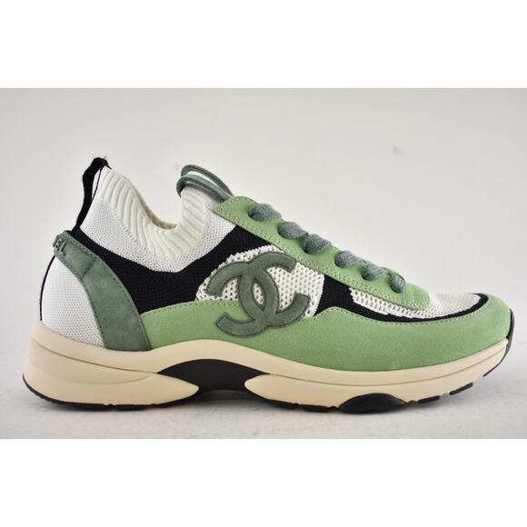 Chanel 22C Mens Green White Black Suede Knit CC Logo Low Trainer Sneaker 44 11 - Picture 2 of 13